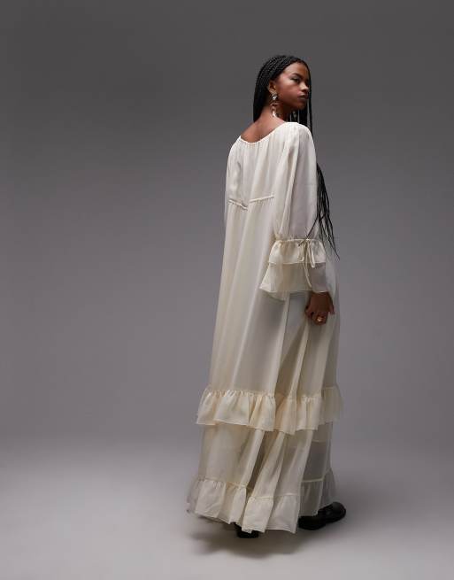 ASOS DESIGN chiffon soft volume tie front maxi dress in ecru