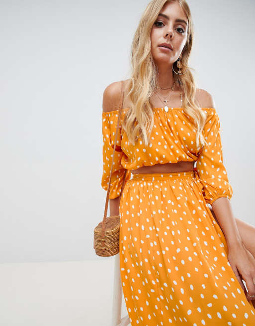 ASOS DESIGN chiffon spot off shoulder beach co-ord top | ASOS