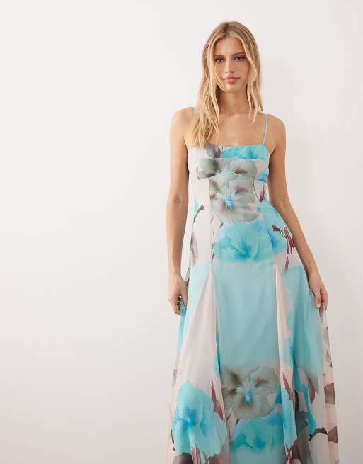 ASOS DESIGN chiffon strappy maxi dress with deep godets in blue blown-up floral, 4 of 4