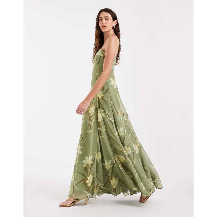 ASOS DESIGN chiffon strappy maxi dress with deep godets in green floral