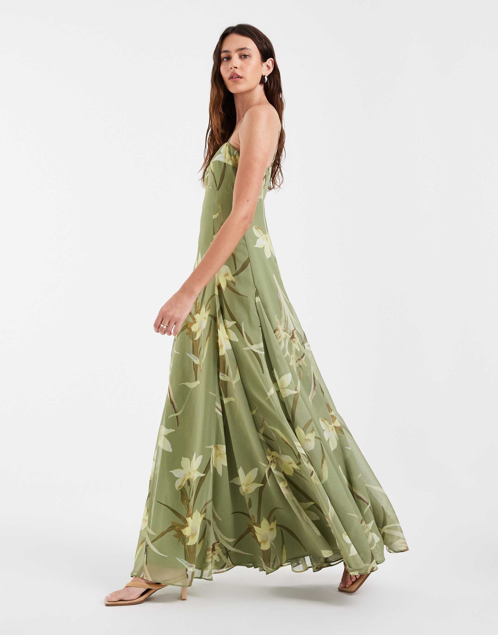 asos design chiffon strappy maxi dress with deep godets in green floral