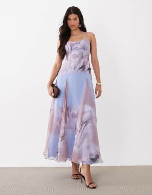 ASOS ASOS DESIGN chiffon strappy maxi dress with deep godets in lilac floral | ASOS