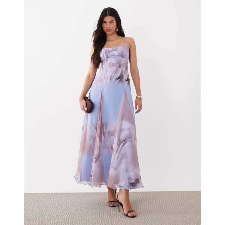 lilac floral bridesmaid dress A Line Spaghetti Straps Maxi Wedding Guest ASOS DESIGN chiffon strappy maxi