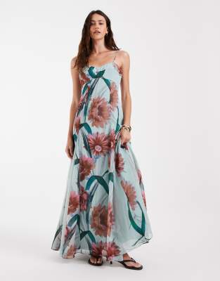 Asos Design Chiffon Strappy Maxi Dress With Deep Godets In Multi