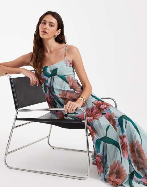 ASOS DESIGN chiffon strappy maxi dress with deep godets in red and blue floral - view 1