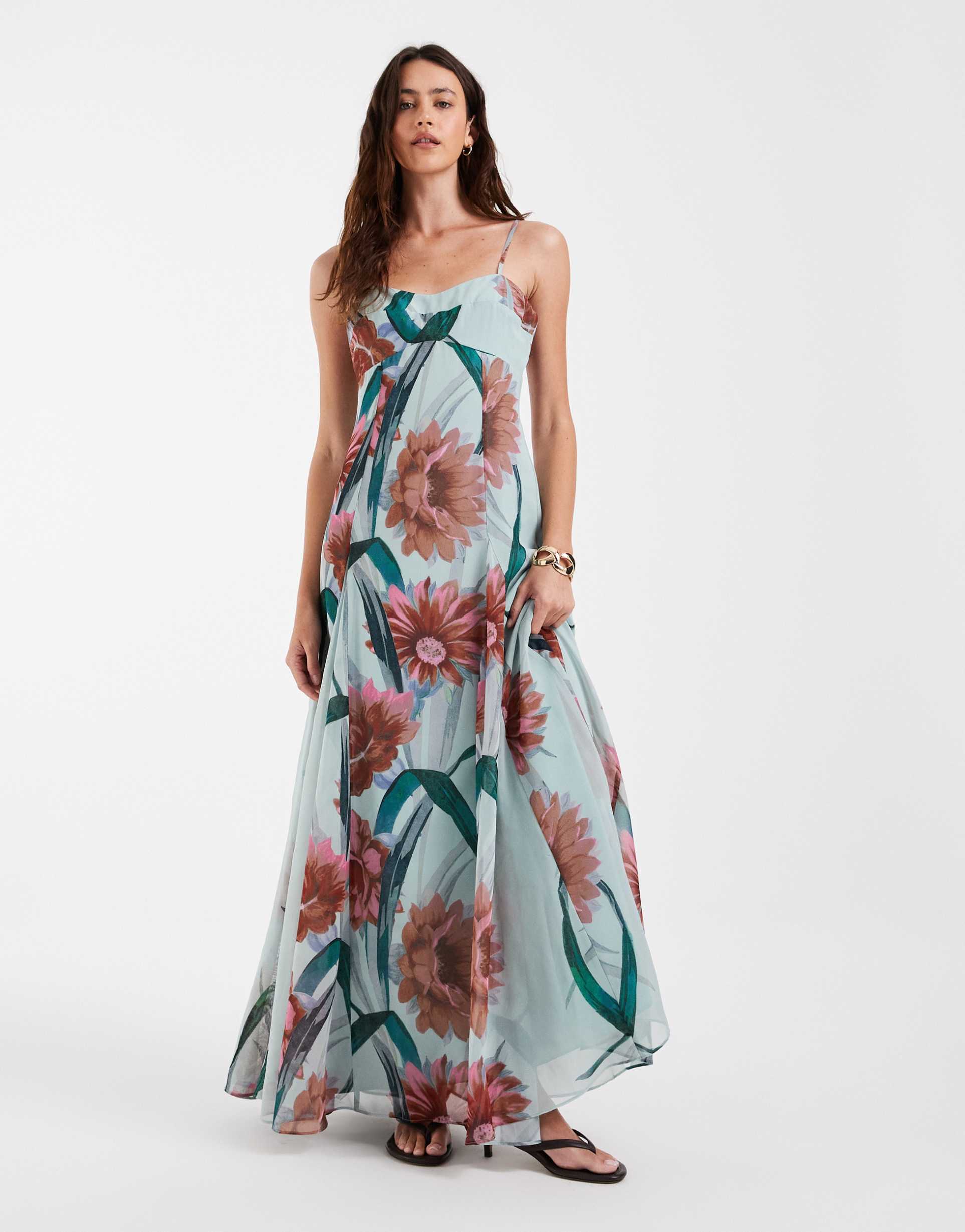 asos design chiffon strappy maxi dress with deep godets in red and blue floral