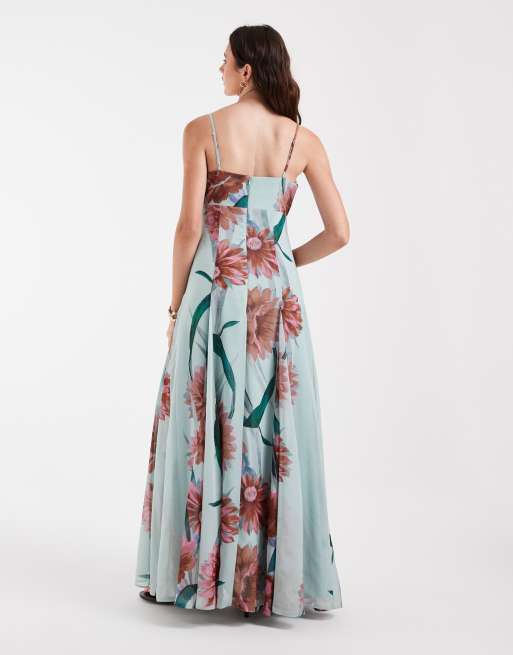 ASOS DESIGN chiffon strappy maxi dress with deep godets in red and blue floral, 4 of 4