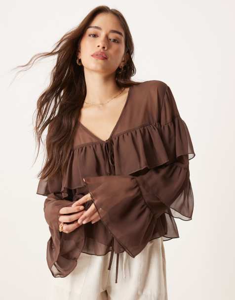 ASOS DESIGN chiffon tie front ruffle blouse in chocolate - view 1