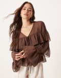 [ASOS DESIGN] ASOS DESIGN chiffon tie front ruffle blouse in chocolate-Brown 12 Chocolate