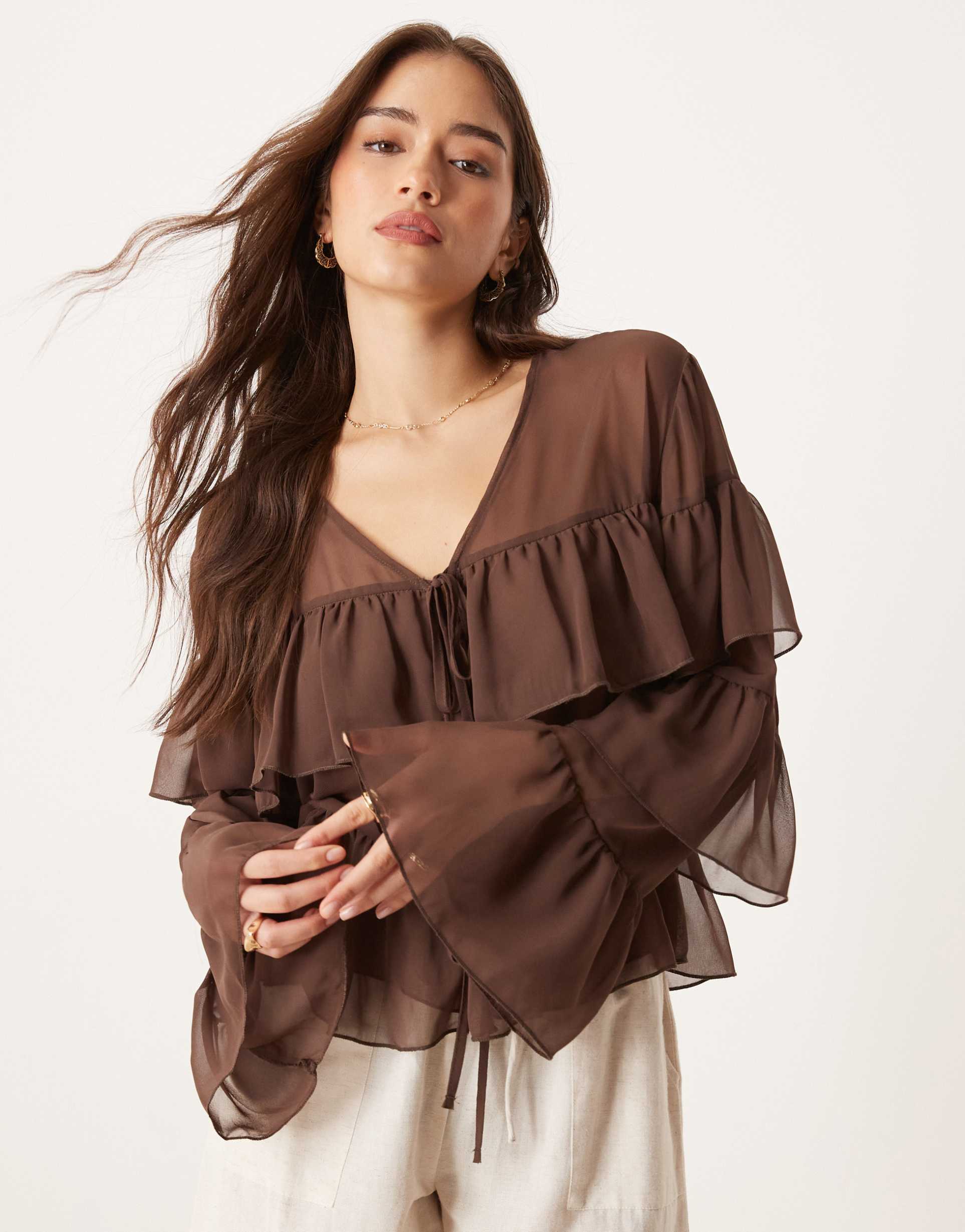 asos design chiffon tie front ruffle blouse in chocolate