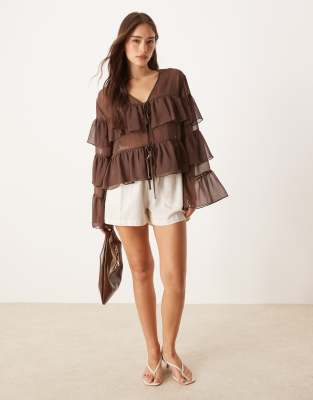 Asos Design Chiffon Tie Front Ruffle Blouse