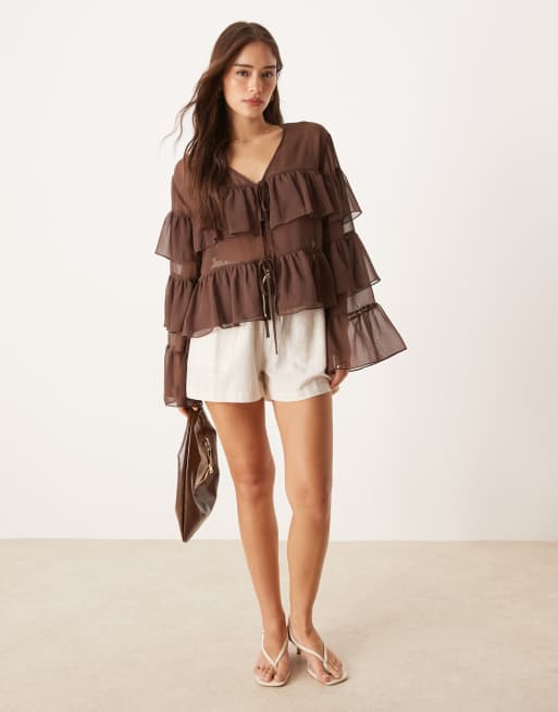 ASOS DESIGN chiffon tie front ruffle blouse in chocolate
