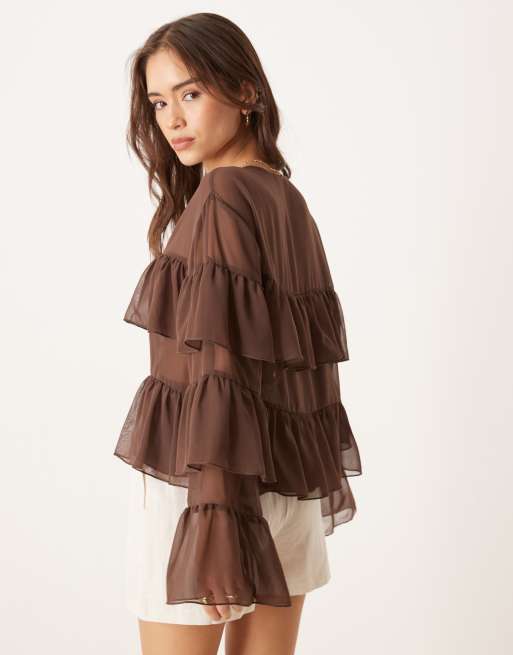 ASOS DESIGN chiffon tie front ruffle blouse in chocolate