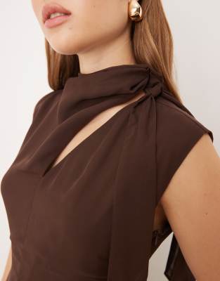 Asos Design Chiffon Tie Neck Maxi Dress In Brown