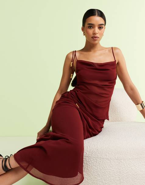 ASOS DESIGN chiffon tie shoulder asymmetric vest co-ord in burgundy