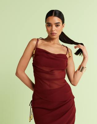 Asos Design Chiffon Tie Shoulder Asymmetric Cami Top In Burgundy