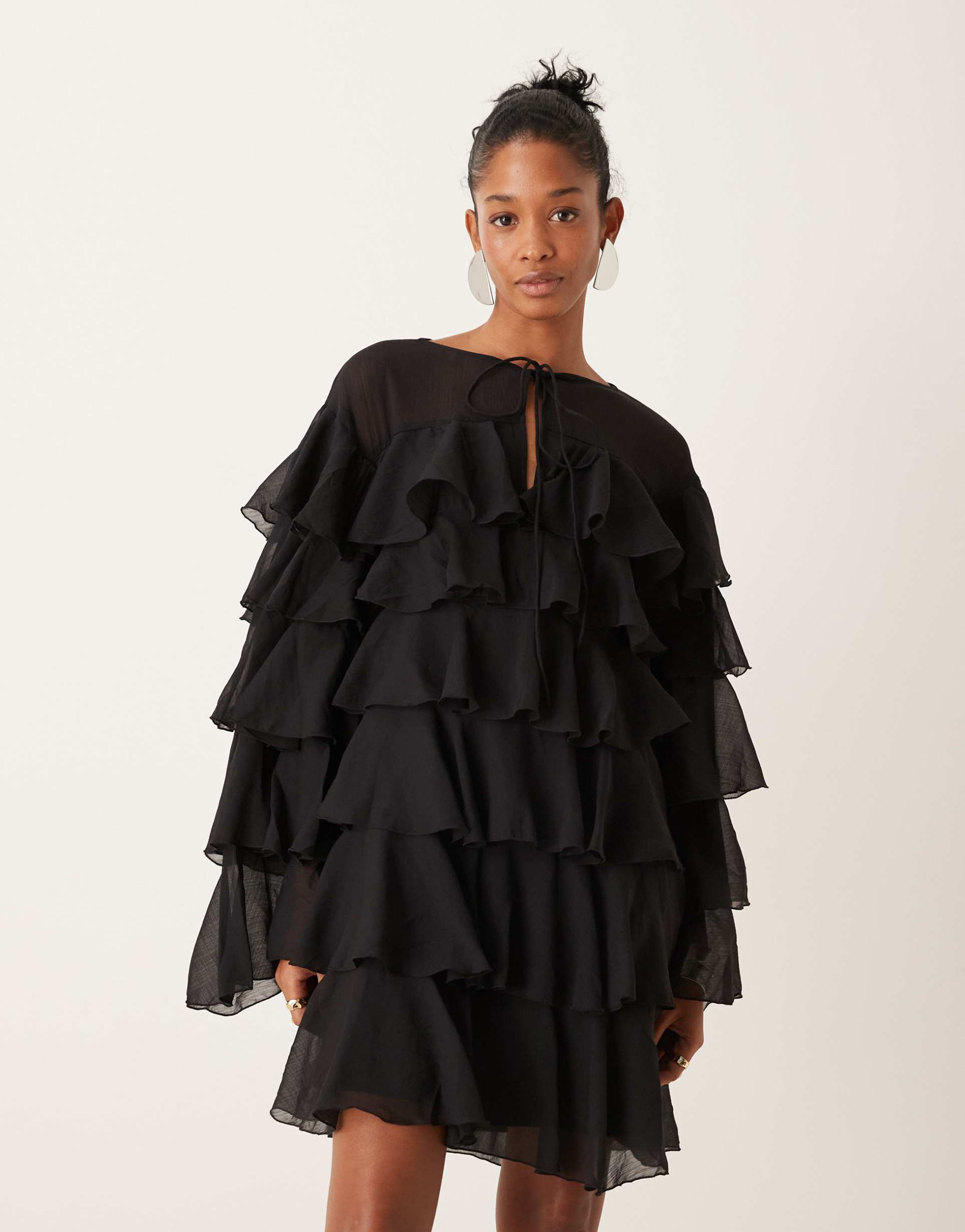 asos design chiffon tiered frill long sleeve mini dress in black