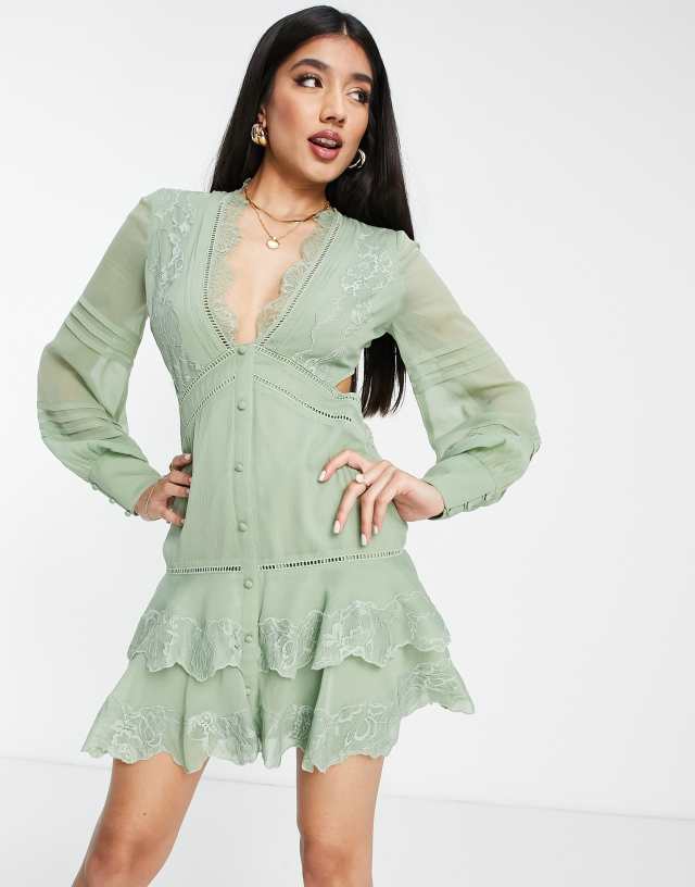 ASOS DESIGN chiffon tiered mini dress with lace applique in olive