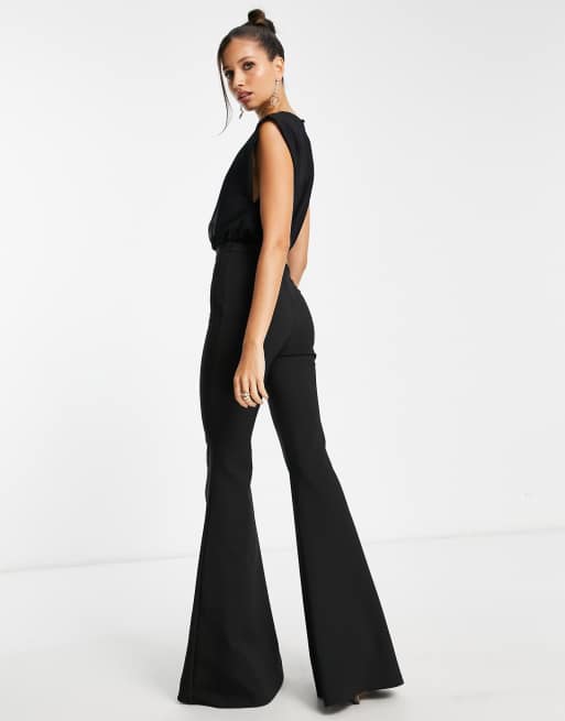 ASOS LUXE kick flare jumpsuit with textured tie shoulder detail in black, ASOS