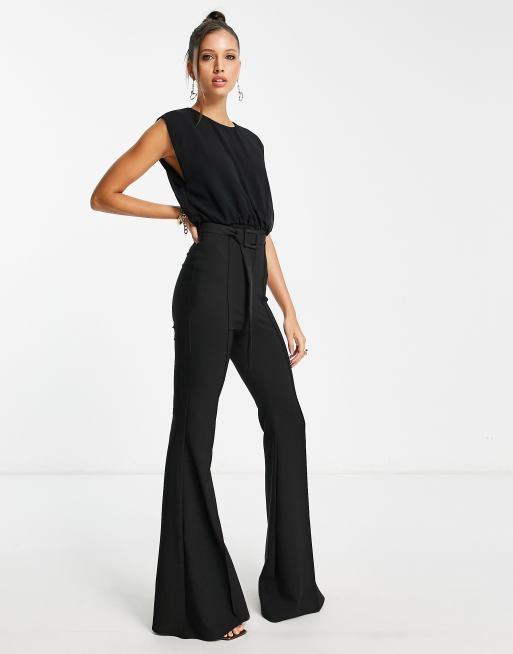 ASOS DESIGN chiffon top belted flared leg jumpsuit in black