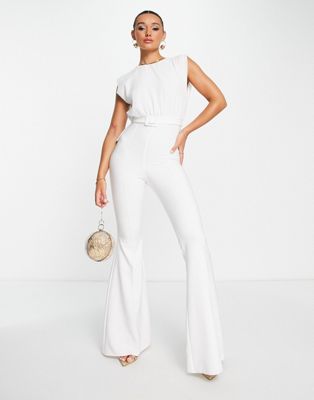 ASOS DESIGN chiffon top belted flared leg jumpsuit in white