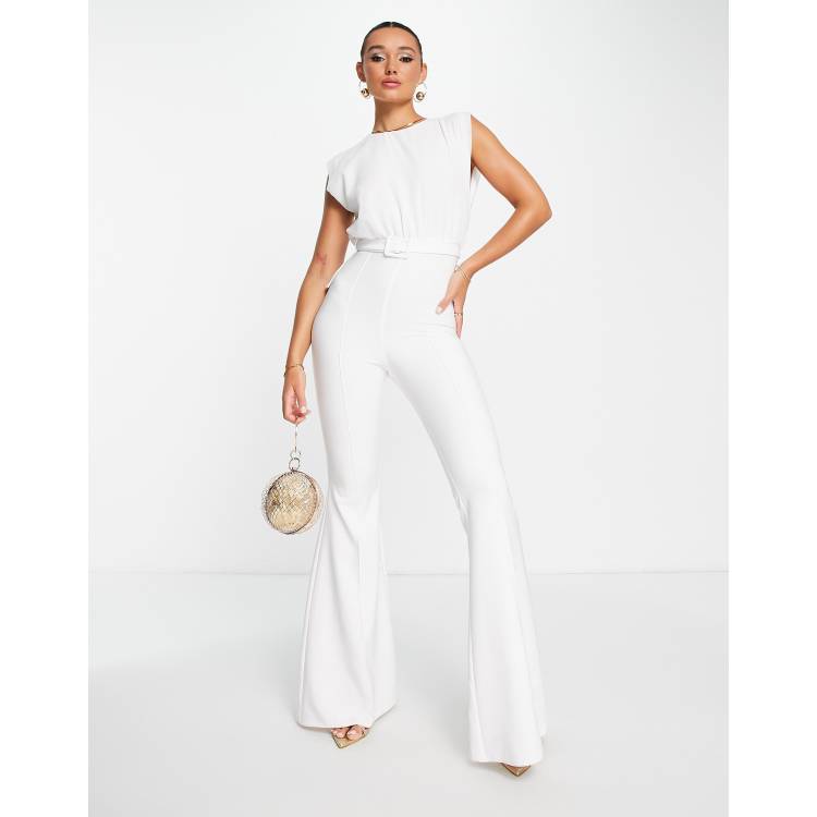 ASOS DESIGN chiffon top belted flared leg jumpsuit in white