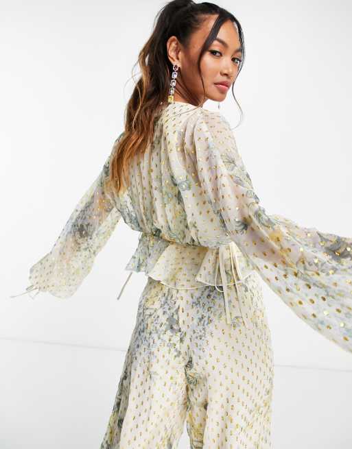 ASOS DESIGN - Chiffon top met print, blousonmouwen en gestrikte taille, deel van co-ord set, 2 van 4