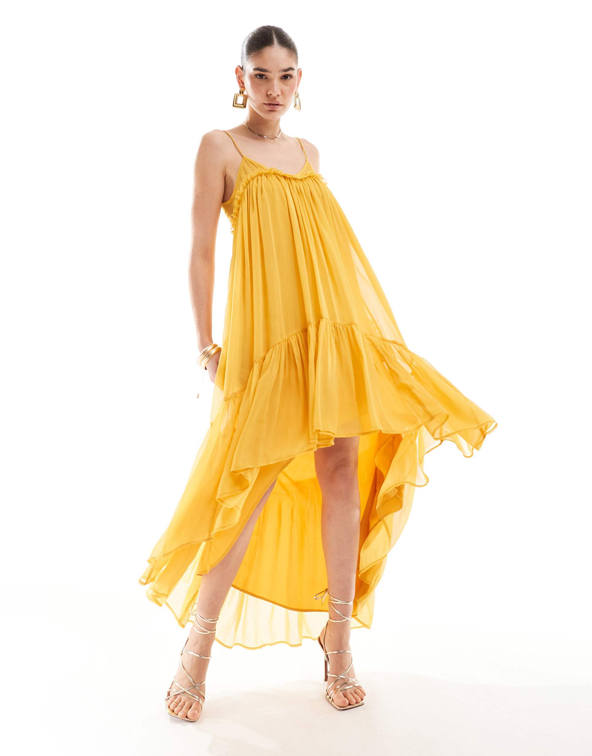 asos design chiffon trapeze maxi dress with raw edge in mustard