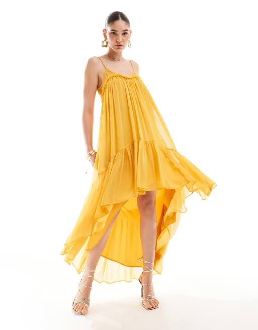 ASOS DESIGN chiffon trapeze maxi dress with raw edge in mustard ASOS