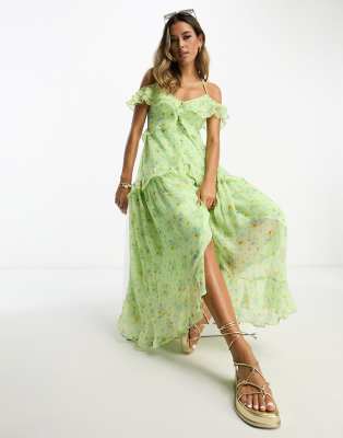 ASOS DESIGN CHIFFON V NECK FRILL MIDI TEA DRESS WITH BUTTON THROUGH 