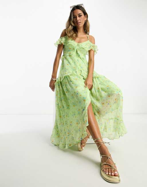 FhyzicsShops DESIGN chiffon v neck frill midi tea dress with button through in ditsy floral 