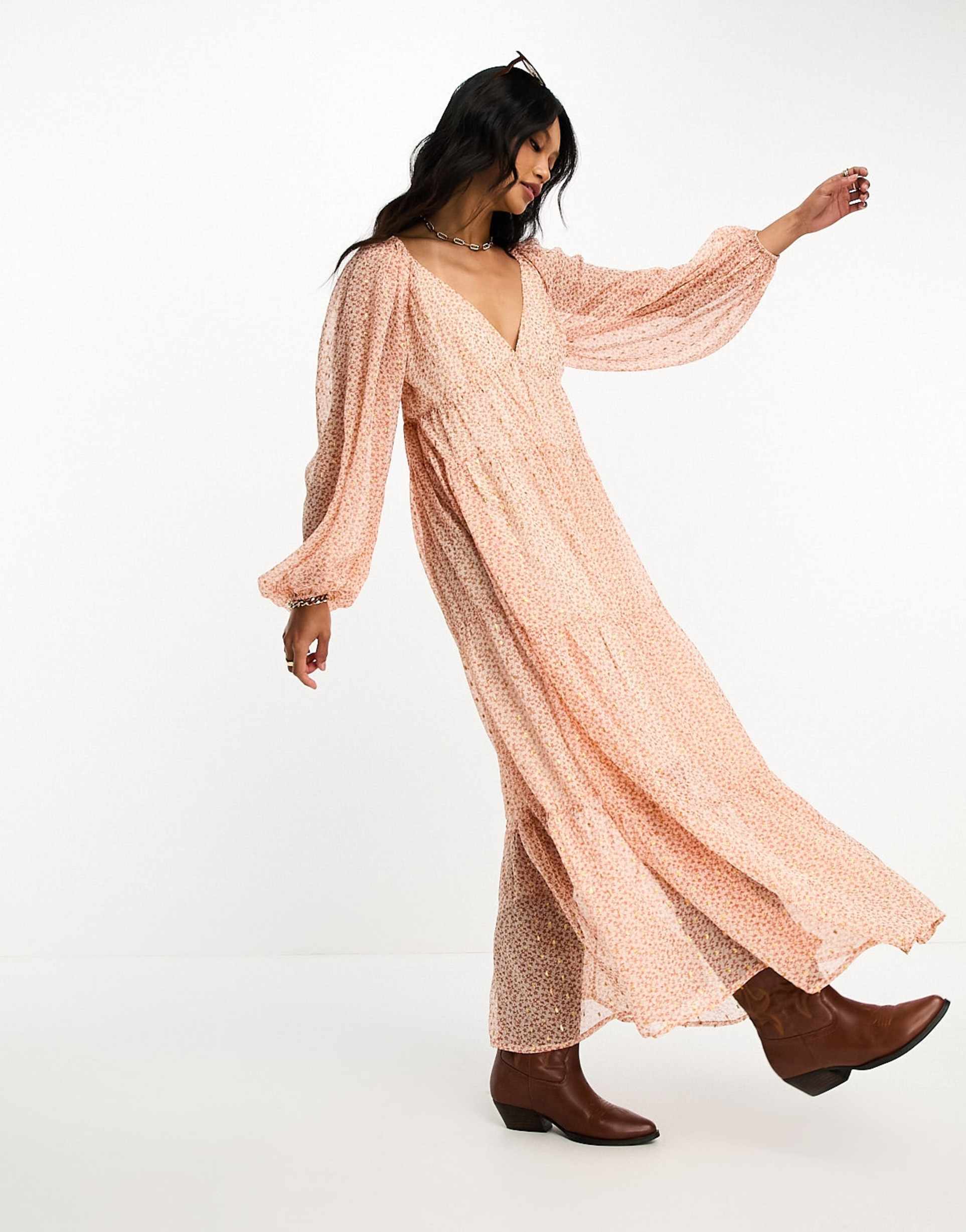 asos design chiffon v neck long sleeve tier midi smock dress in ditsy print