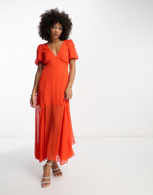 ASOS DESIGN chiffon v neck midi dress with flutter sleeves and flare hem in  flame red | ASOS