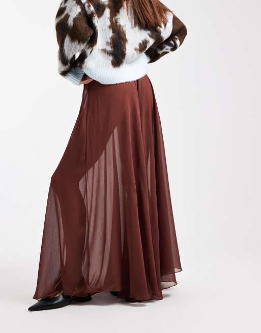 ASOS DESIGN chiffon volume maxi skirt in chocolate, 4 of 5