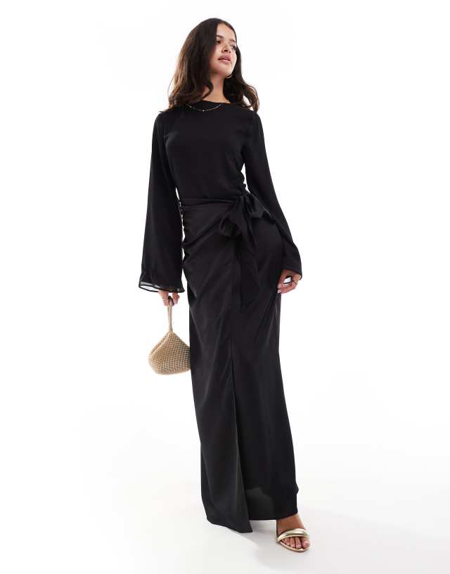 asos black chiffon dress DESIGN volume sleeve maxi with satin wrap skirt in Satin chiffon