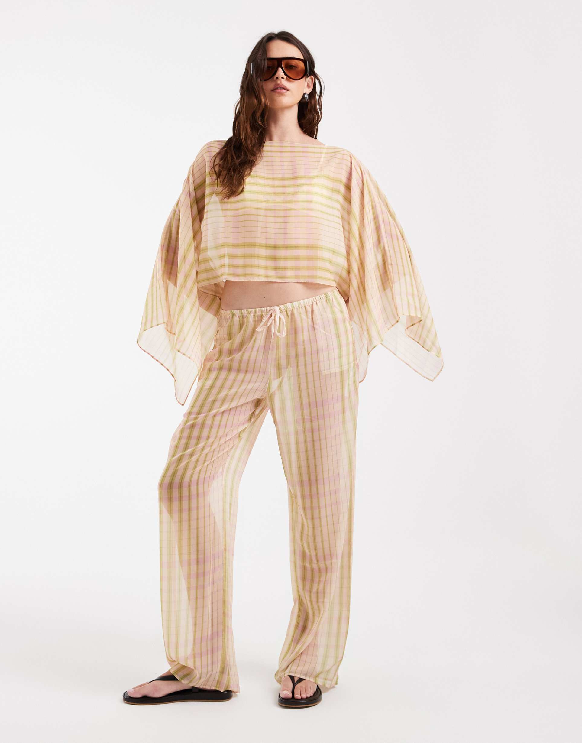 asos design chiffon wide leg pull-on pants in pink gingham - part of a set