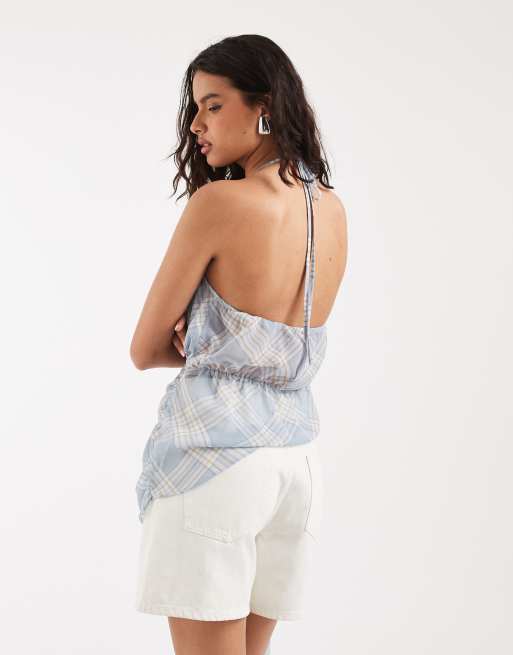 ASOS DESIGN chiffon wrap tie waist top in blue check co ord, 4 of 4