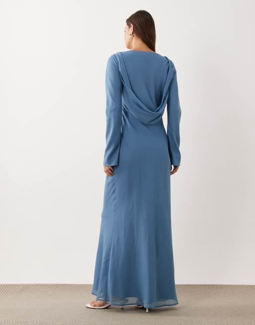 ASOS DESIGN chiffongmaxiklänning med draperad ryggdetalj i dovt blå, 3 av 4