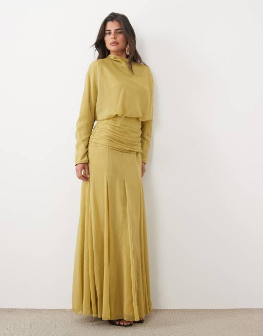ASOS DESIGN chiffonkjole med smock i taljen, panel og godet i olivengrøn, 2 af 4