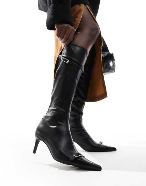ASOS DESIGN Chile buckle kitten heel knee boots in black - view 1