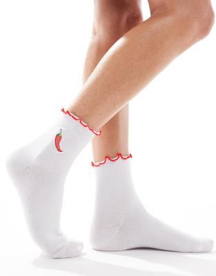 ASOS DESIGN chilli embroidery sock with frill edge-White