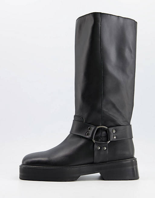 ASOS DESIGN Chilli premium leather harness knee boots in black