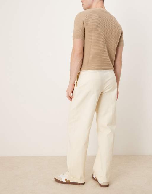 ASOS DESIGN - Chino eleganti a fondo ampio in cotone bianchi con pieghe sul davanti, 3 di 5