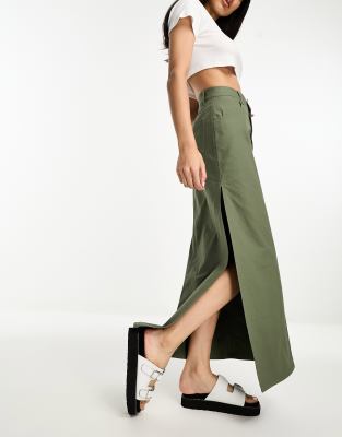 ASOS DESIGN chino maxi skirt with split in khaki