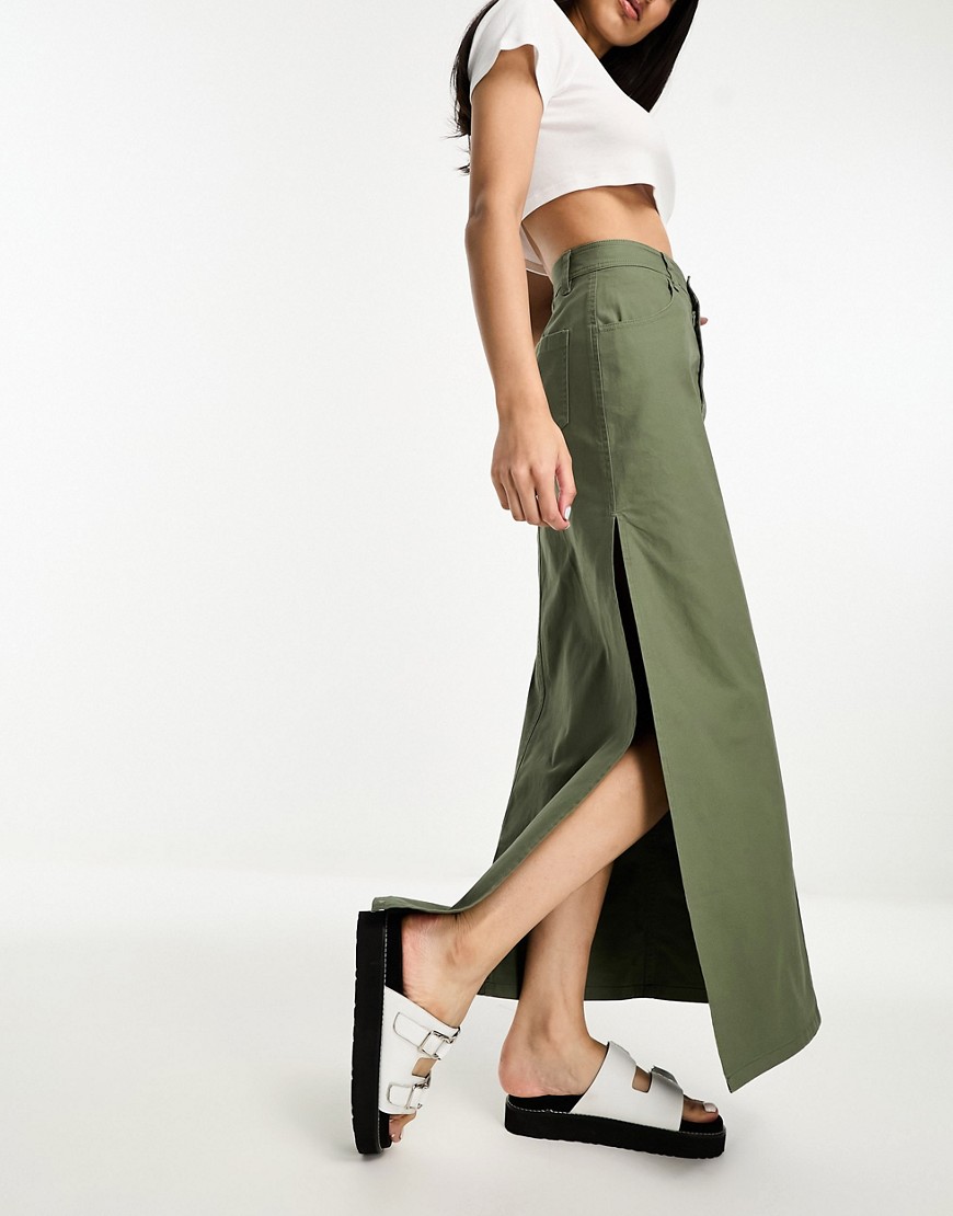 ASOS DESIGN chino maxi skirt with split in khaki-Green