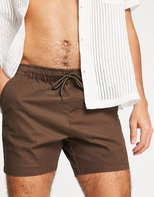 ASOS DESIGN skinny chino shorts with elasticated waist in dark brown - ASOS Price Checker