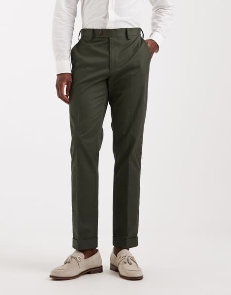 ASOS DESIGN - Chino slim sartoriali in misto cotone verde scuro con risvolto - view 1