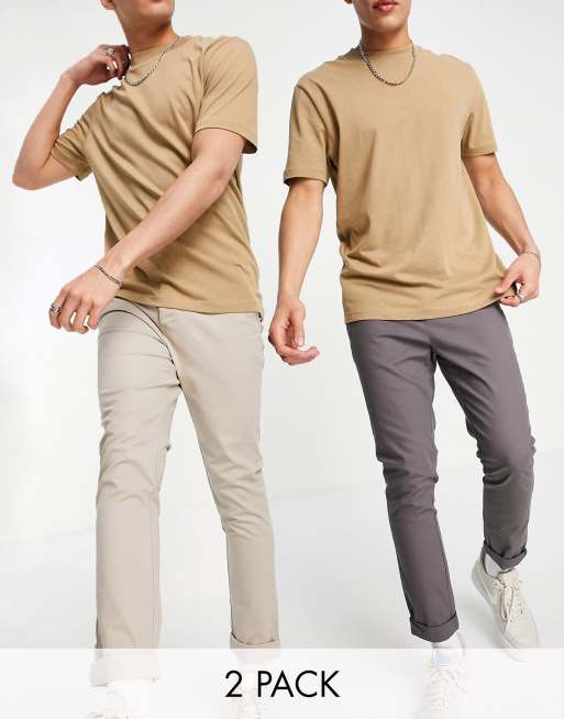 ASOS DESIGN – Chinohose mit engem Schnitt in Anthrazit und Beige im 2er-Sparpack