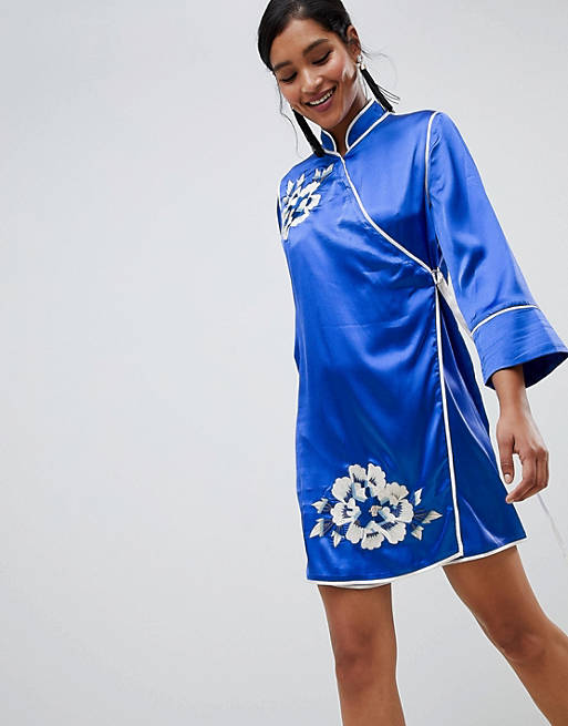 ASOS DESIGN Chinoiserie Wrap Embroidered Mini Dress