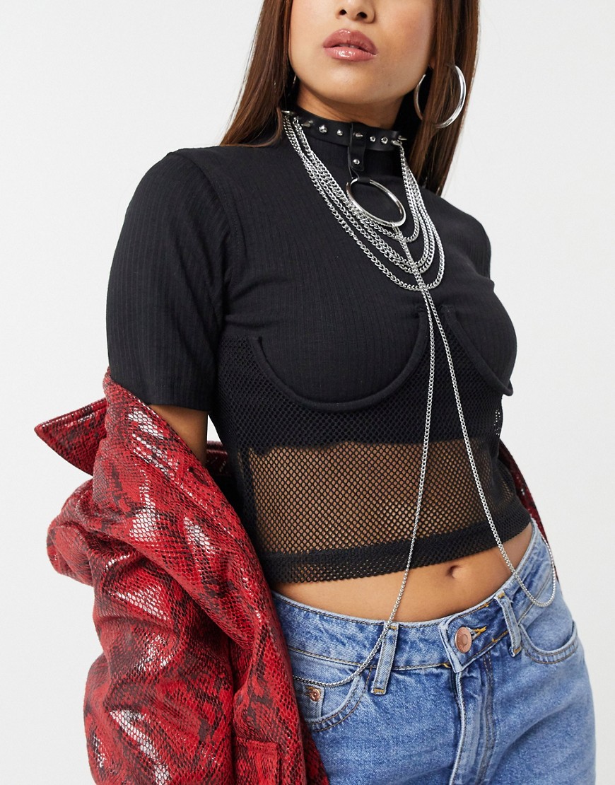 ASOS DESIGN choker body harness in studded faux leather with large ring in silver tone